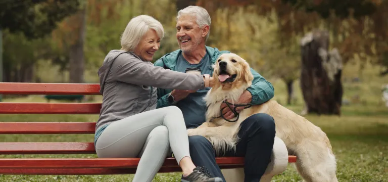 Senior couple with their dog sitting on a bench and smiling together