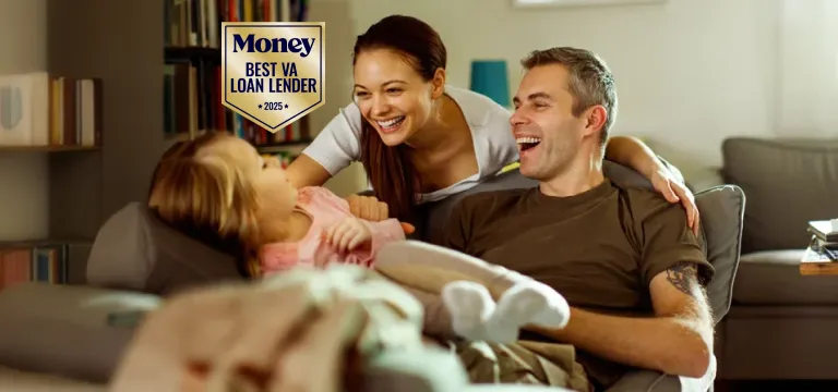 Happy family of three smiling - Money Best VA Loan Lender *2025*