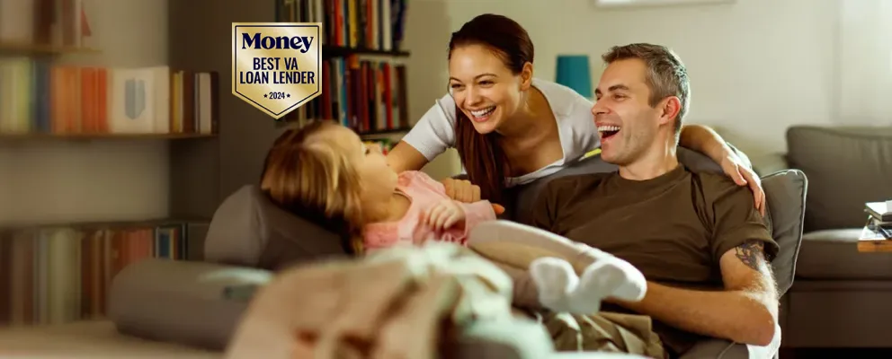 Happy family of three smiling - Money Best VA Loan Lender *2024*